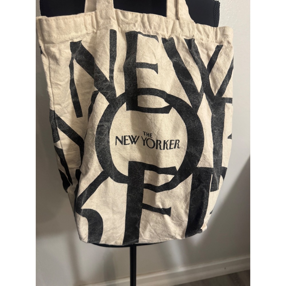 The New Yorker Canvas Tote Bag Cream Black Logo Iconic Literary Book Bag